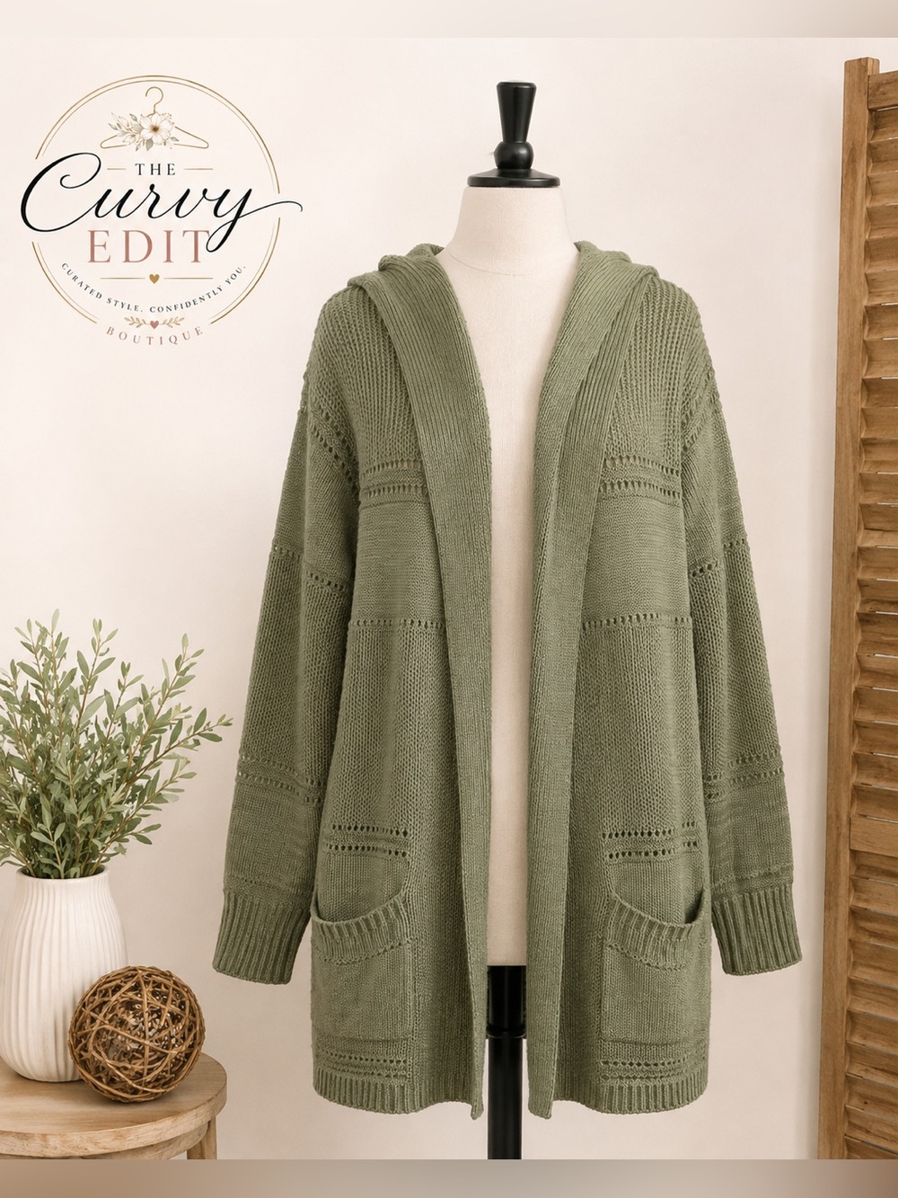 Lety & Me Sage Green Hooded Open Front Knit Cardigan Sweater Large Sustainable
